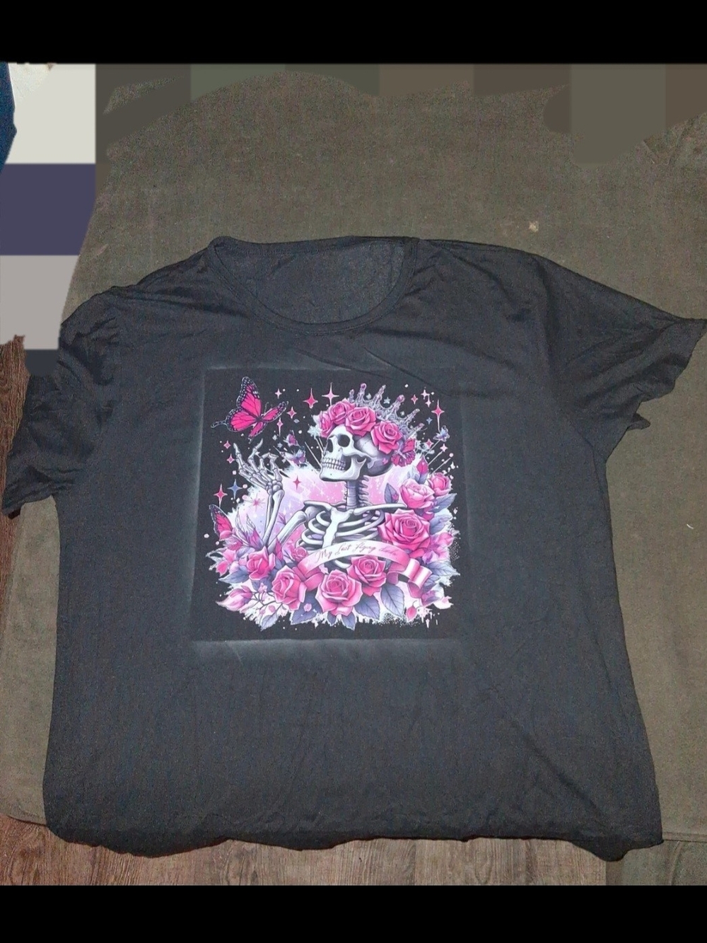 Amazon Black Short-Sleeve Tee with Pink Floral Skull Graphic